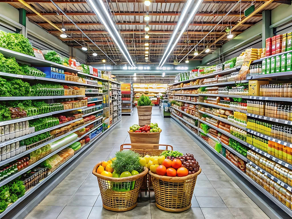 Magasin avec sol brillant et présentoirs propres