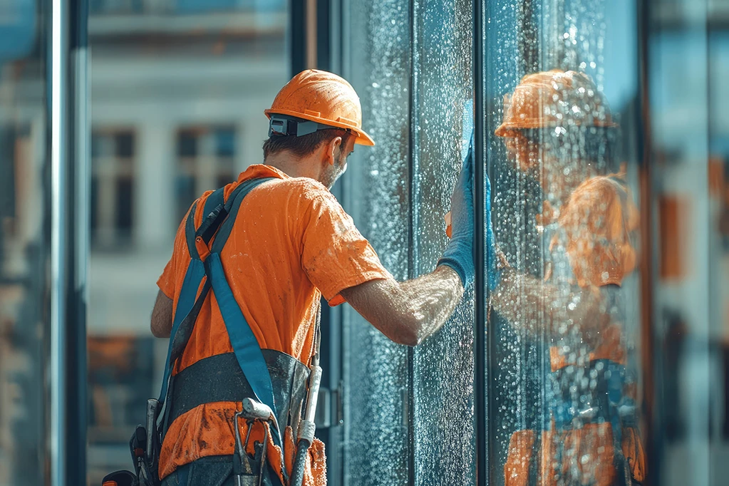 Nettoyage de vitres dans un immeuble commercial